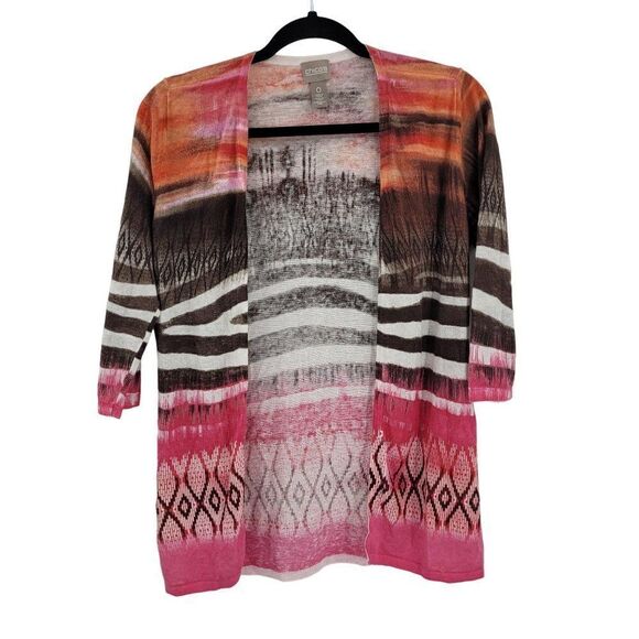 Chico's Tribal Chic Strom Cardigan Size 0 Pink Linen Cotton Open Quarter Sleeve - Picture 1 of 15